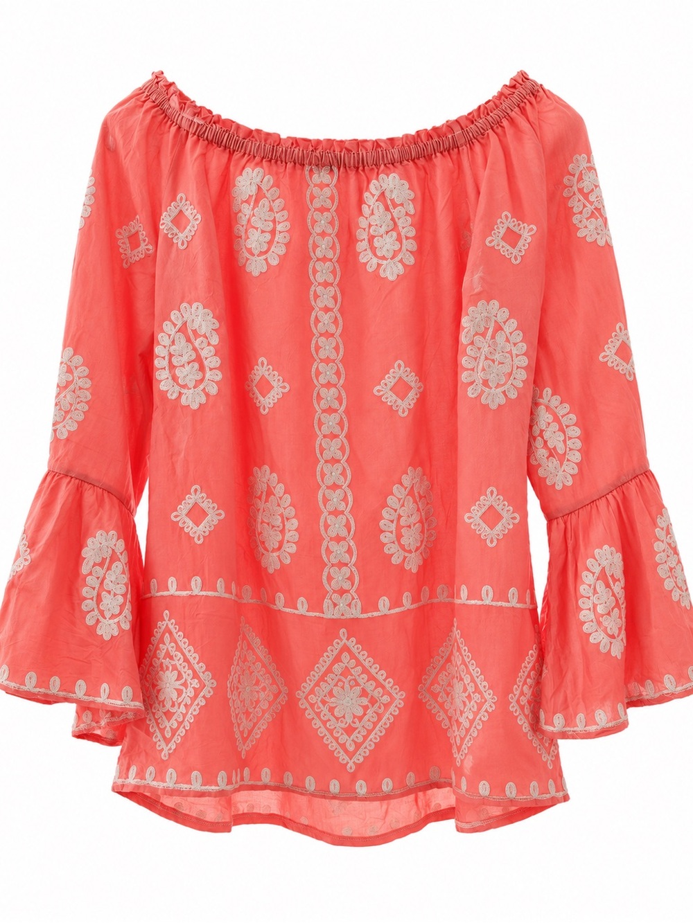 Cato Coral Off-Shoulder Embroidered Peasant Top